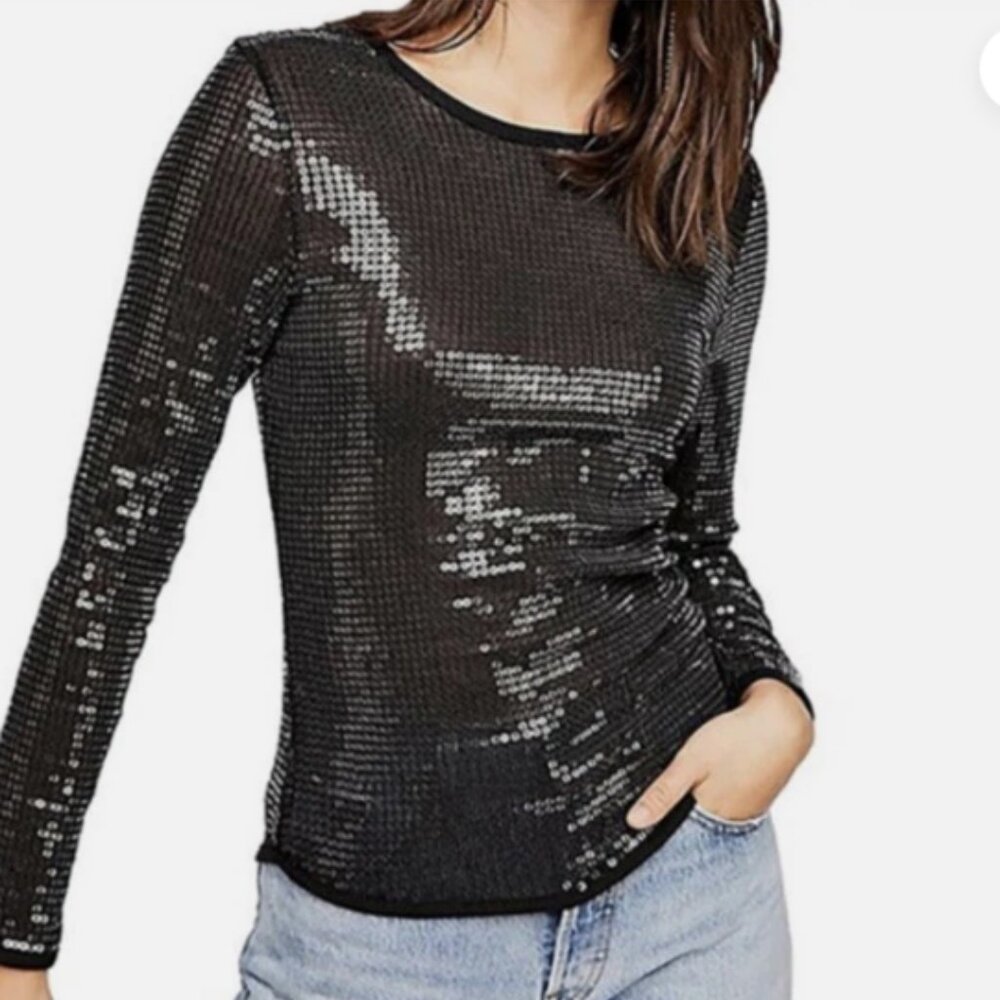 Free People Intimately Diamond Eyes sequin top, black, size L